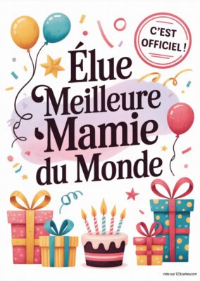 Carte anniversaire grand-mère à imprimer avec ballons, cadeaux et gâteau. Écrit «Élue Meilleure Mamie du Monde», couleurs vives, style illustré.