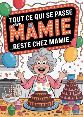 Carte anniversaire grand-mère à imprimer : illustration colorée d’une mamie souriante, gâteaux, ballons et guirlandes. Style cartoon.