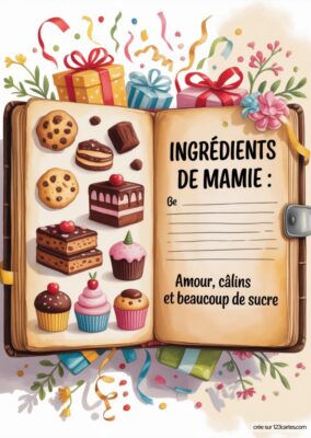 Carte anniversaire grand-mère à imprimer avec un livre de recettes illustré de gâteaux et cadeaux colorés. Style aquarelle.