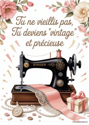 Carte anniversaire grand-mère à imprimer avec machine à coudre vintage noire, ruban rose, perles et fleurs, imprimable. Style aquarelle.