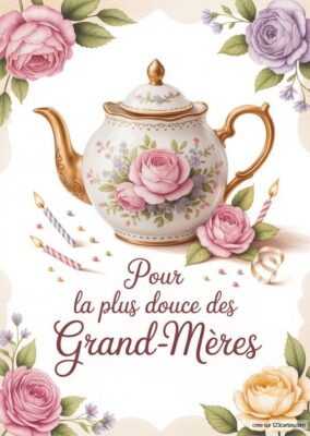 Carte anniversaire grand-mère à imprimer avec théière et roses roses, entourée de fleurs, bougies et ruban doré. Style aquarelle.