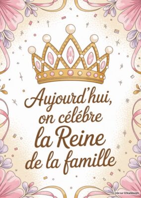 Carte anniversaire grand-mère à imprimer avec couronne dorée, texte «Reine de la famille» et fleurs roses. Style élégant et festif.