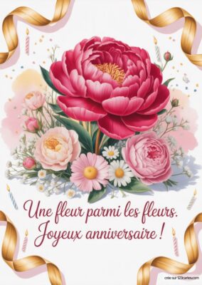 Carte anniversaire pour grand-mère à imprimer : bouquet de fleurs roses et rouges, rubans dorés, bougies, texte «Joyeux anniversaire», style aquarelle.