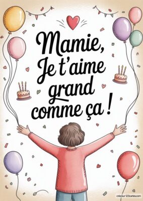 Carte anniversaire pour grand-mère à imprimer, avec texte «Mamie, Je t’aime», ballons colorés, gâteau d’anniversaire, et enfant les bras ouverts, style illustration.