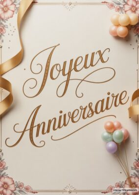 Carte anniversaire grand-mère à imprimer. Texte «Joyeux Anniversaire» doré, ballons, rubans dorés, cadre floral, sur fond crème, imprimable. Style élégant.