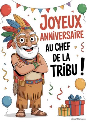 Carte anniversaire grand-père à imprimer, illustration d’un grand-père indien souriant avec texte «Joyeux Anniversaire au Chef de la Tribu», style cartoon.