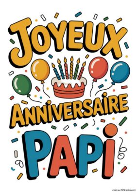 Carte anniversaire pour grand-père à imprimer, avec «Joyeux Anniversaire Papi» coloré, gâteau, ballons et confettis, style rétro.