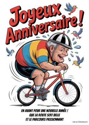 Illustration d'un homme joyeux sur un petit vélo, portant un casque, entouré d'oiseaux, avec le message Joyeux Anniversaire ! en fond.