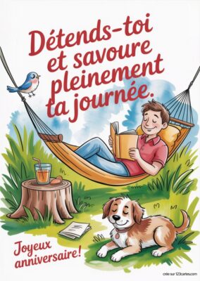Un homme lit dans un hamac, entouré d'un chien et d'un oiseau, avec un message joyeux anniversaire en arrière-plan.