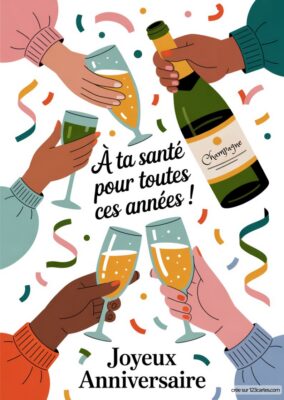 Cinq mains tenant des flûtes à champagne, une bouteille de champagne et des confettis, avec le texte Joyeux Anniversaire.