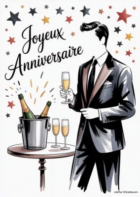 Homme en costume élégant tenant un verre, près d'une bouteille de champagne et de coupes, avec le texte Joyeux Anniversaire.