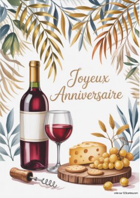 Une bouteille de vin rouge, un verre plein de vin, du fromage et des raisins sur une planche. Texte Joyeux Anniversaire en arrière-plan.