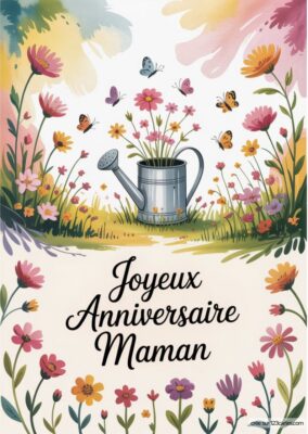 Illustration de fleurs variées entourant un arrosoir en métal, avec des papillons virevoltant au-dessus. Un hommage à la nature.