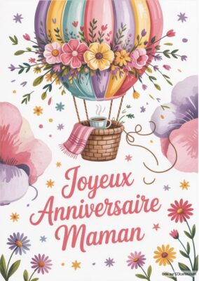 Une montgolfière ornée de fleurs s'éleve au-dessus de grandes fleurs, symbolisant la légèreté et la joie d'un anniversaire.