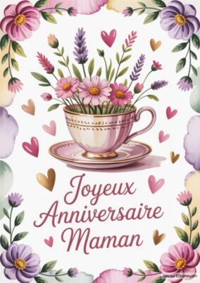 Illustration d'une tasse de thé avec un bouquet de fleurs. Des cœurs et des motifs floraux entourent la tasse, créant une ambiance festive.