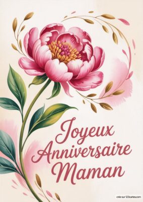 Une grande pivoine rose, entourée de feuilles vertes, s'élève sur un fond clair, ajoutant une touche de douceur à la carte.