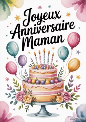Illustration d'un gâteau à plusieurs étages décoré de bougies et de perles, entouré de fleurs et de ballons pour un anniversaire.