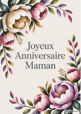 Carte anniversaire pour maman, ornée de fleurs roses et blanches entourées de feuillages délicats sur fond clair.
