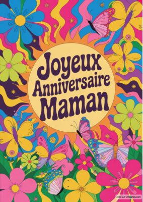 Illustration florale avec des fleurs variées et des papillons dans un design joyeux, entourant un cercle central ensoleillé.