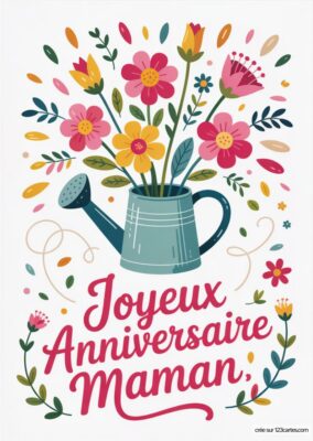 Une arrosoir rempli de fleurs variées, entouré de feuilles et de petits éléments naturels, évoquant la joie et la tendresse.
