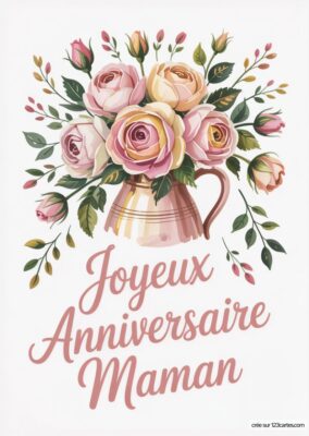 Illustration d'un joli bouquet de roses dans un pot en métal, entouré de feuilles et boutons, sur fond clair.