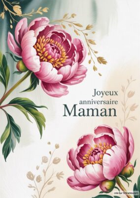 Illustration de deux fleurs de pivoine épanouies, entourées de feuilles délicates et d'ornements subtils, sur fond doux.