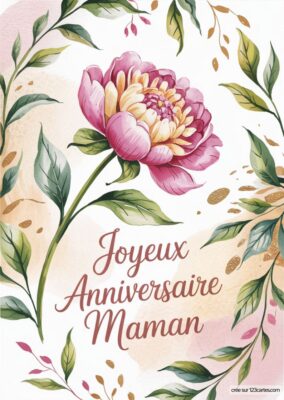 Illustration d'une pivoine rose entourée de feuilles vertes, encadrée de motifs subtils, créant une ambiance douce et chaleureuse.