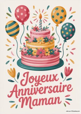 Un grand gâteau à étages décoré de fleurs, entouré de ballons, symbolise une fête d'anniversaire joyeuse pour maman.