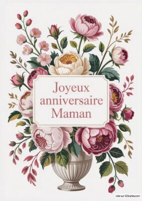 Illustration florale riche en détails, avec des roses et des fleurs variées, disposées autour d'un vase élégant.
