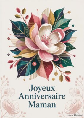 Bouquet floral stylisé avec une grande fleur centrale et des feuilles variées, évoquant tendresse et beauté pour l'anniversaire de maman.