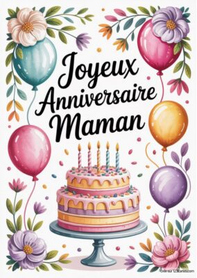 Une belle carte d'anniversaire avec un gâteau à étages, des bougies allumées et des ballons entourés de fleurs délicates.