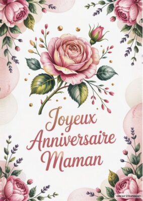 Carte d'anniversaire pour maman, ornée de roses délicates et de feuilles, entourée de motifs floraux élégants et subtils.