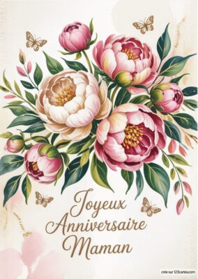 Illustration de fleurs de pivoine avec des feuilles et des papillons, symbolisant la beauté et l'amour pour l'anniversaire de maman.