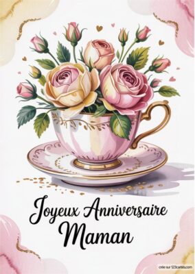 Une tasse en porcelaine ornée de roses douces, avec une soucoupe en dessous, symbolisant l'amour et la tendresse pour maman.