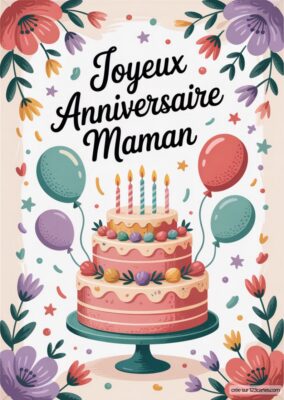 Illustration d'un gâteau d'anniversaire à plusieurs étages, surmonté de bougies, entouré de ballons et de fleurs.