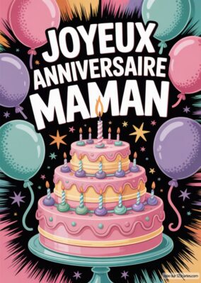 Carte anniversaire pour maman, avec un gâteau à étages, des bougies allumées, et des ballons en arrière-plan.
