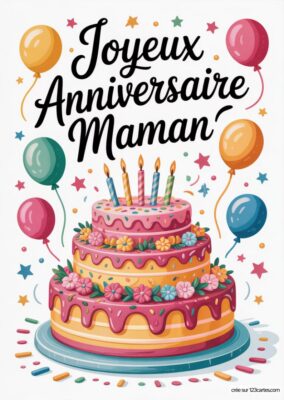 Illustration d'un gâteau d'anniversaire à plusieurs étages, décoré de fleurs et entouré de ballons festifs.