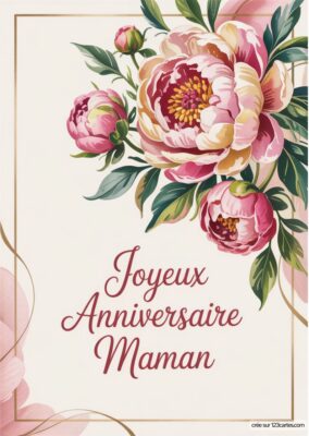 Illustration de pivoines en bouquet, avec des feuilles vertes sur un fond clair, encadrée par une bordure délicate.