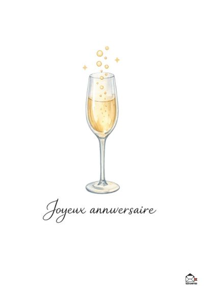 Un verre de champagne rempli de bulles dorées et d'étincelles, avec le message manuscrit « Joyeux anniversaire ».