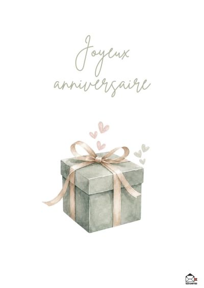 Boîte cadeau grise avec ruban beige, et cœurs roses discrets au-dessus. Le texte « Joyeux anniversaire » est inscrit en lettres fines.