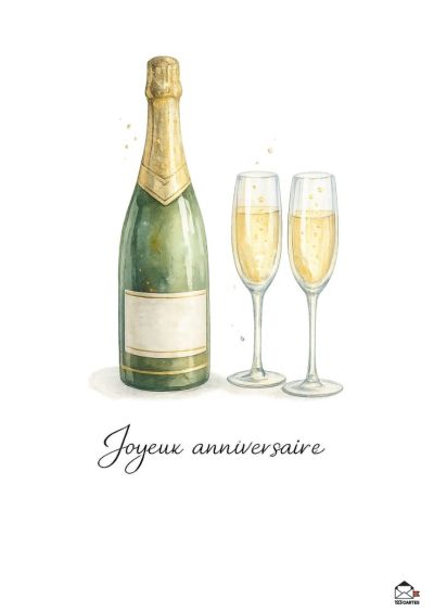 Bouteille de champagne verte à étiquette blanche et deux flûtes remplies de bulles, style aquarelle, le tout sur un fond blanc. « Joyeux anniversaire » est inscrit.
