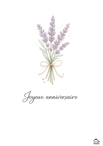 Bouquet d'aquarelle de lavande violette avec ruban beige, avec la mention « Joyeux anniversaire » manuscrite.