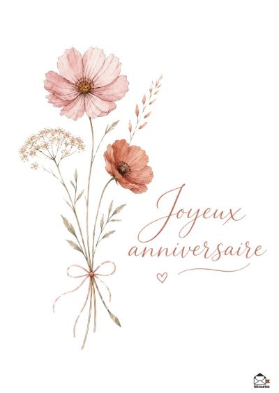 Bouquet de fleurs roses et orangées stylisées à l'aquarelle avec feuillage, lié par un ruban. Au centre droit, « Joyeux anniversaire » calligraphié, suivi d'un cœur.