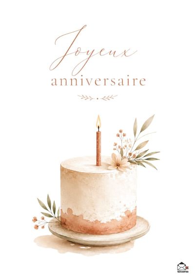 Carte d'anniversaire avec écriture calligraphique « Joyeux anniversaire », un gâteau blanc avec une bougie allumée et des fleurs.