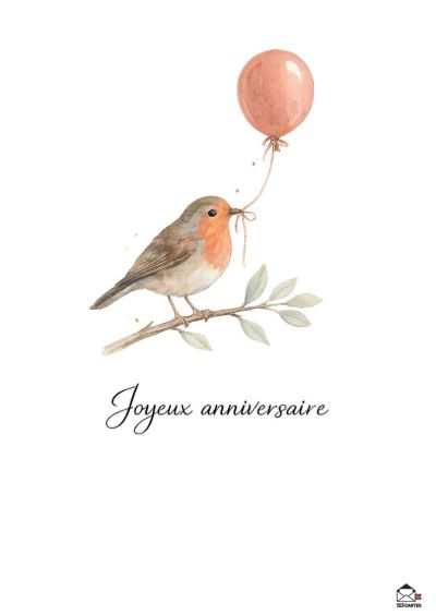 Un rouge-gorge sur une branche tient un fil avec sa bouche, relié à un ballon rose. « Joyeux anniversaire » est écrit en bas.