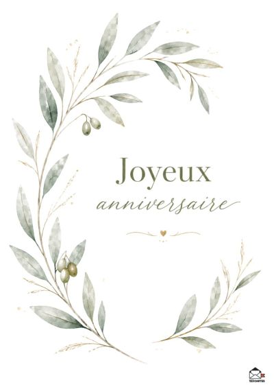 Couronne d'olive verte et or en aquarelle, avec « Joyeux anniversaire » en lettrage cursif vert.