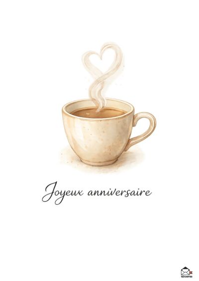 Tasse de café en aquarelle beige avec de la vapeur en forme de cœur et la mention « Joyeux anniversaire ».