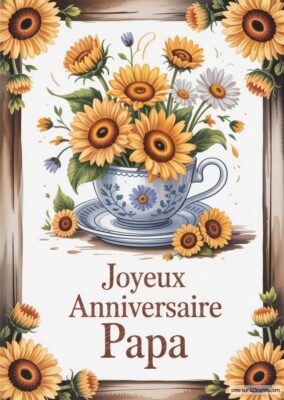 Illustration d'une tasse ornée de fleurs, principalement des tournesols, avec des petites fleurs variées autour et un cadre en bois.