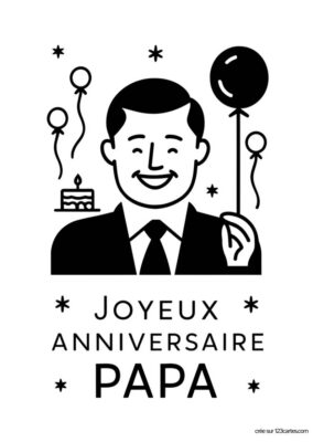 Illustration d'un homme souriant en costume tenant un ballon, avec des ballons et un gâteau d'anniversaire en arrière-plan.