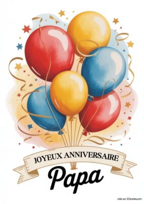 Carte d'anniversaire avec des ballons rouge, bleu et jaune, entourés de confettis et serpentins. Un cadre élégant en bas.